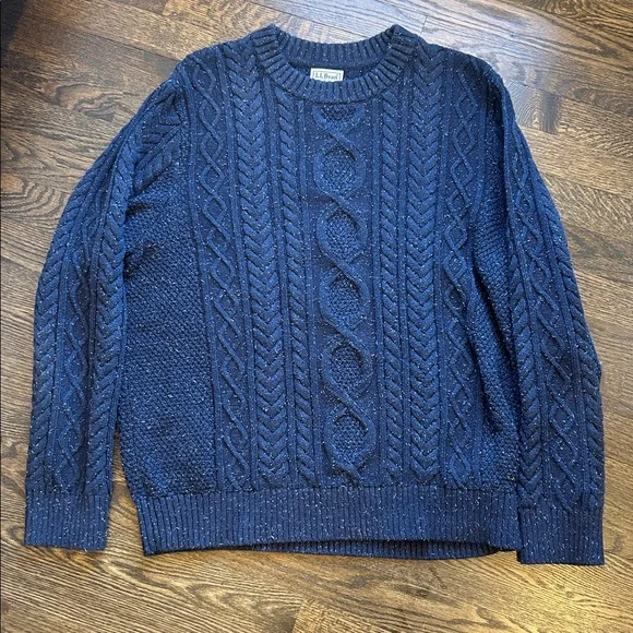 LL Bean Sweater Mens XL Regular Blue Fisherman Crewneck Cable Knit Organic